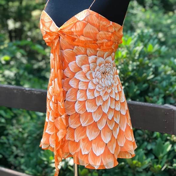 Milly Tops - Milly NY Orange Zinnia Print Silk Tie Front Blouse